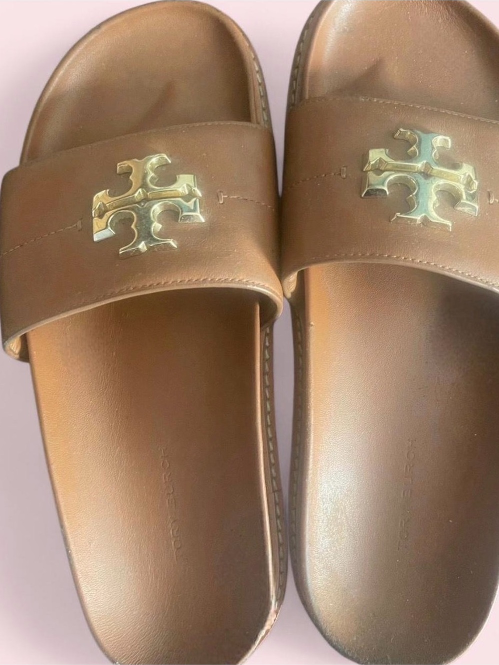 Tory Burch Brown Leather Slide Sandals with Gold Logo